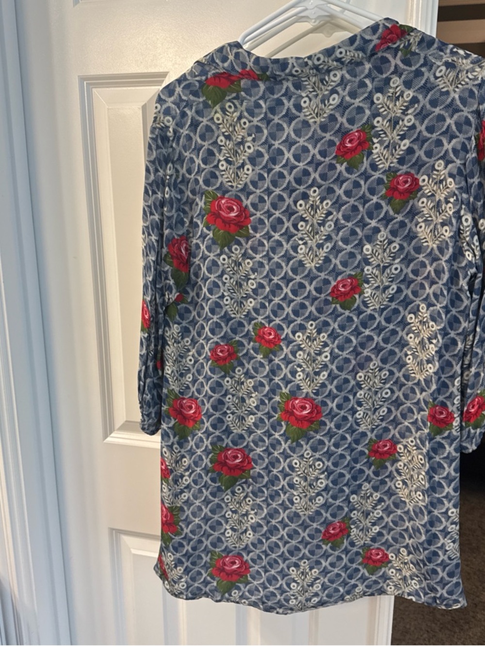 Benares Blue Patterned Women's Blouse - Lightweight V-Neck - Picture 2 of 3